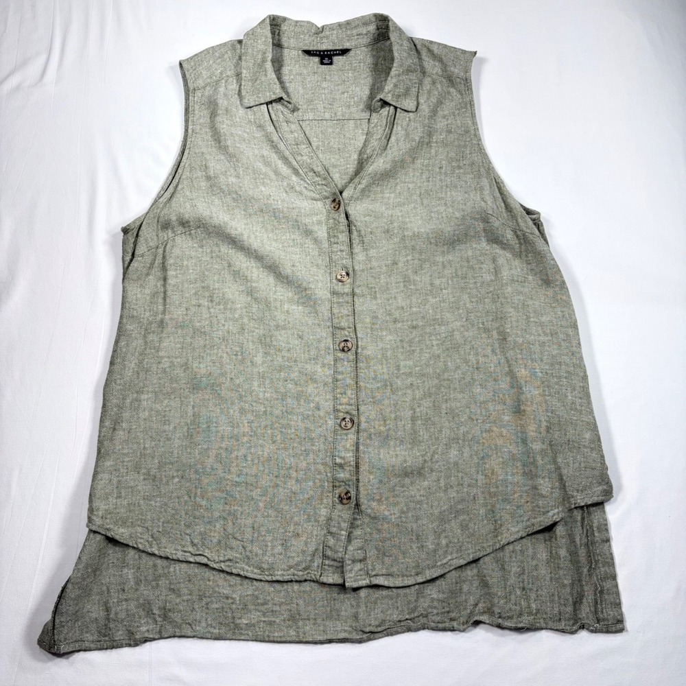 Zac & Rachel Olive Green XL Sleeveless Blouse Button Down Linen Blend